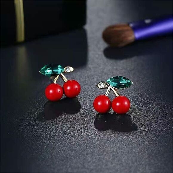 Gold Plated Red Cherry Stud Earrings - Picture 8 of 9